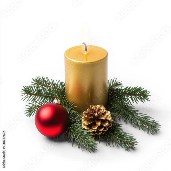 Fototapeta A lit gold candle with green branches and a red ornament on a white background.
