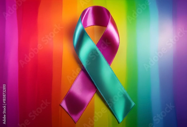Obraz A teal and magenta awareness ribbon rests on a vibrant rainbow flag background. This image symbolizes health, support, and solidarity within the LGBTQIA+ pride and diversity community.