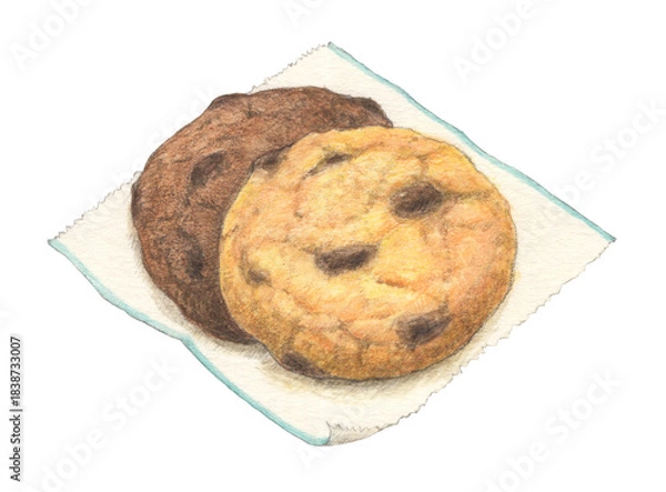 Fototapeta チョコチップクッキー2種　水彩色鉛筆イラスト
