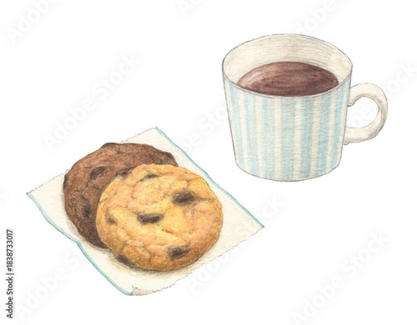 Fototapeta コーヒーとクッキー　水彩色鉛筆イラスト