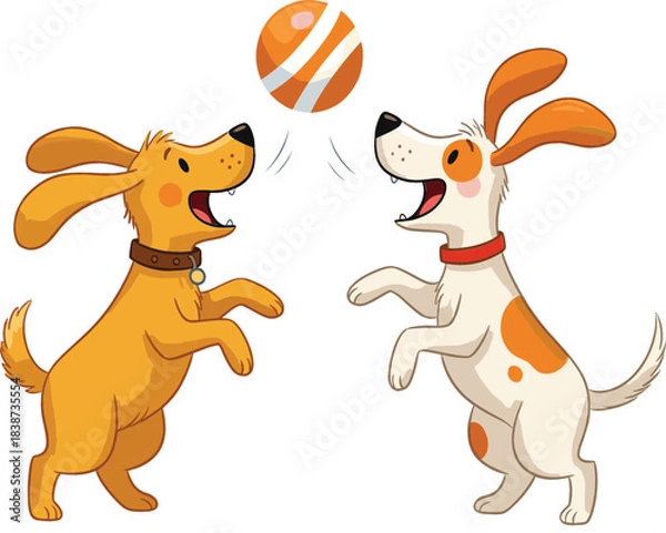 Fototapeta  Playful Vector Illustration of Two Happy Cartoon Dogs, One Yellow and One Spotted, Jumping Up to Catch an Orange and White Ball, Symbolizing Fun, Fetch, Friendship, and Pet Care Activities