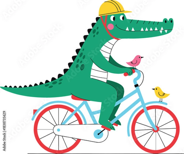 Fototapeta  Humorous and Stylized Cartoon Vector Illustration of a Happy Green Crocodile Riding a Light Blue Bicycle with a Yellow Safety Helmet and Two Small Birds, Symbolizing Fun, Travel, and Outdoor Activity