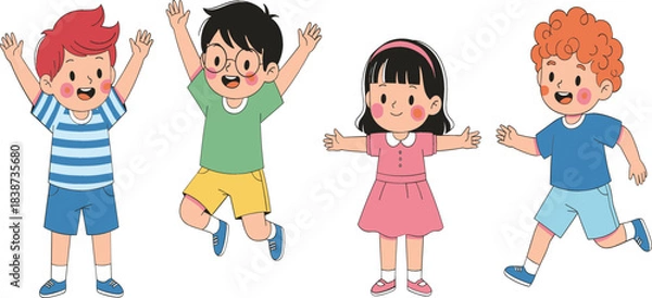 Fototapeta  Joyful and Diverse Group of Kids Jumping, Playing, and Running Together with Arms Raised, Symbolizing Friendship, Happiness, Childhood Fun, and School Activities Vector Illustration.