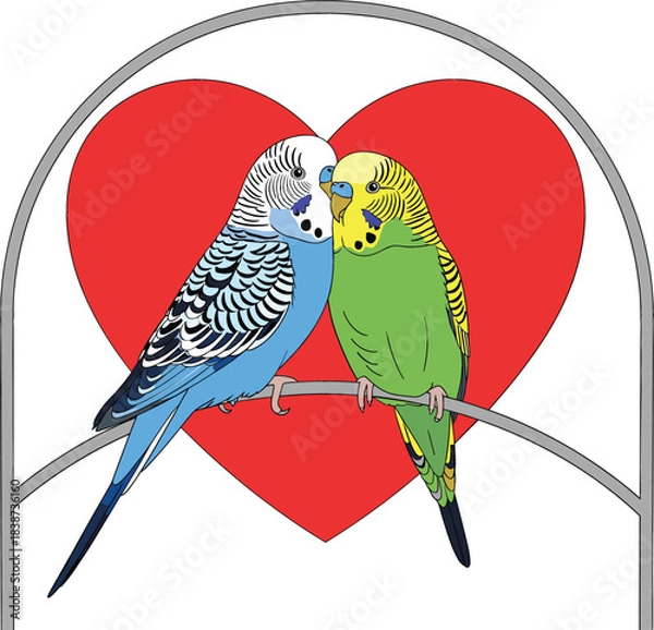Fototapeta  Adorable Budgerigar Couple Vector Illustration Sitting on a Perch with a Large Red Heart Backdrop Symbolizing Love, Romance, and Affection for Valentine's Day or Wedding Designs
