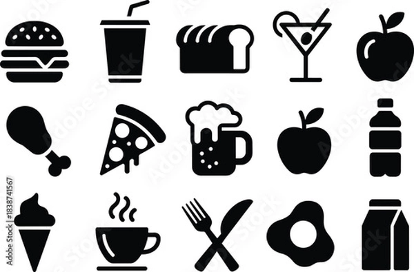 Fototapeta Solid black food and drink icon set featuring burgers, pizza, drinks, fruit, desserts, bread, and meal symbols in minimalist style