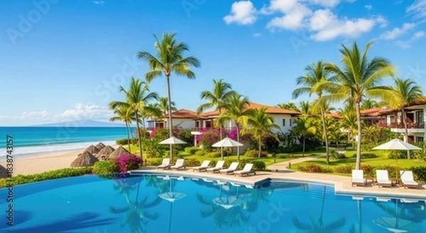 Fototapeta A luxurious tropical resort with a swimming pool, palm trees, and beachfront accommodations.