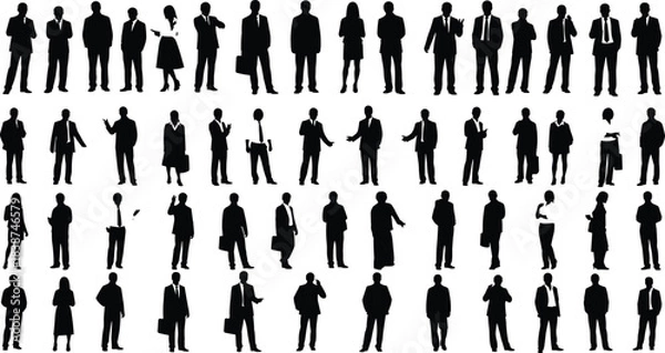 Fototapeta Large Collection of Diverse Business People Silhouettes: Professional Men and Women Standing in Various Poses, Showing Corporate Teamwork and Success, Vector Illustration