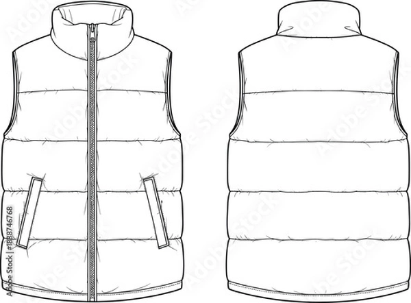 Fototapeta Padded vest, technical sketch, front view, back view, quilted, zipper, collar, fashion design, garment, vector, illustration, apparel, 