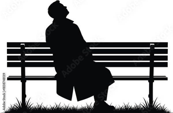Fototapeta Person sitting on bench silhouette, reflective pose vector, solitude and contemplation concept, cad drawing flat vector illustration artwork