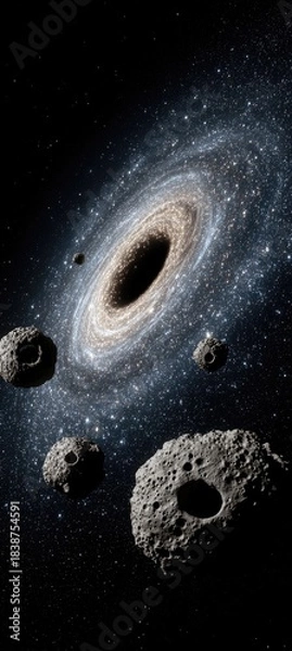 Fototapeta Asteroid Field Drifting Towards a Distant Spiral Galaxy.