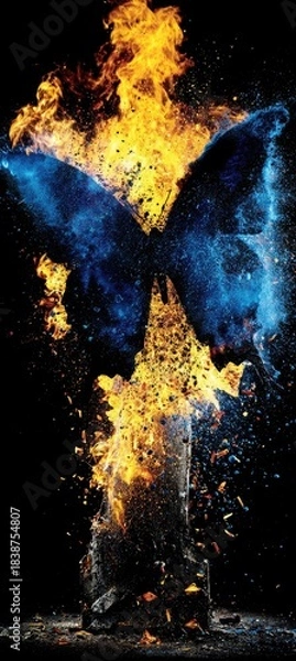 Fototapeta Blue butterfly engulfed in flames, symbolizing transformation and rebirth.