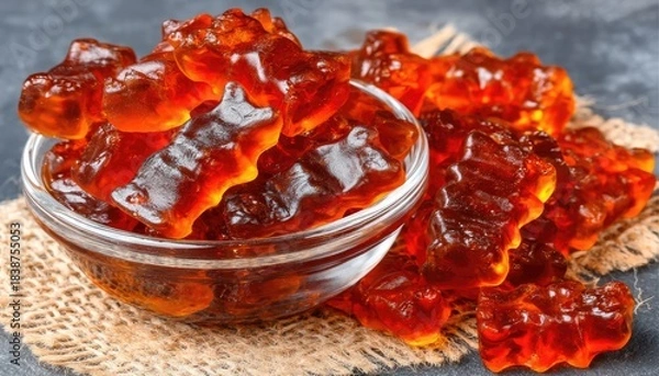 Fototapeta Bowl of Red Gummy Bears on Burlap Fabric.