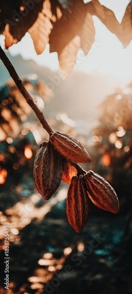 Fototapeta Cacao pods hanging from a branch in sunlight.