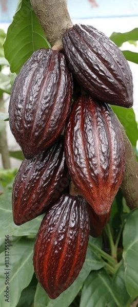 Fototapeta Cacao pods hanging from a tree branch with green leaves.