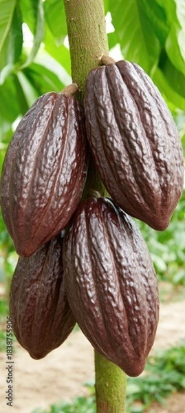 Fototapeta Close-up of ripe cocoa pods growing on a tree branch in a tropical plantation.