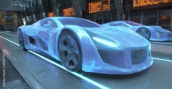 Fototapeta Futuristic Blue Sports Cars on a Cyberpunk Highway.