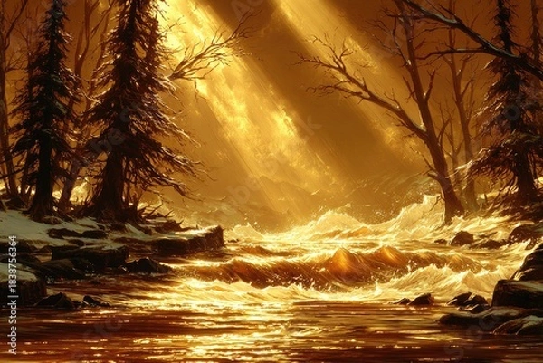 Fototapeta Golden Light Bathes a Winter Forest Stream.