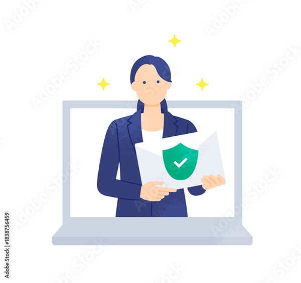 Obraz 情報漏洩を防ぐ 緑の盾とチェックマーク 安全なメールを届ける女性のイラスト素材
