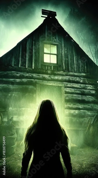 Fototapeta Haunted Cabin in the Woods with Glowing Window.
