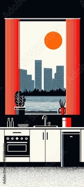 Fototapeta Modern Kitchen with a Cityscape Window View.