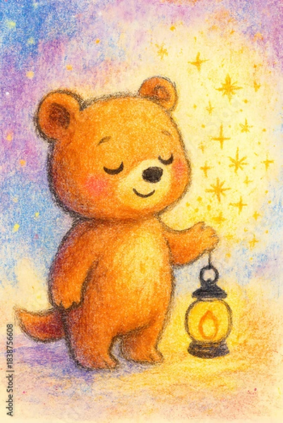 Fototapeta Cute Bear Cub with Lantern Under Glowing Stars – Whimsical, Peaceful, Dreamy Handdrawn Illustration for Nursery Art, Greeting Cards, Invitations, and Storybook Fantasy Scenes