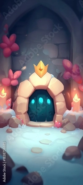 Fototapeta Mysterious glowing portal in a fantasy cave entrance.