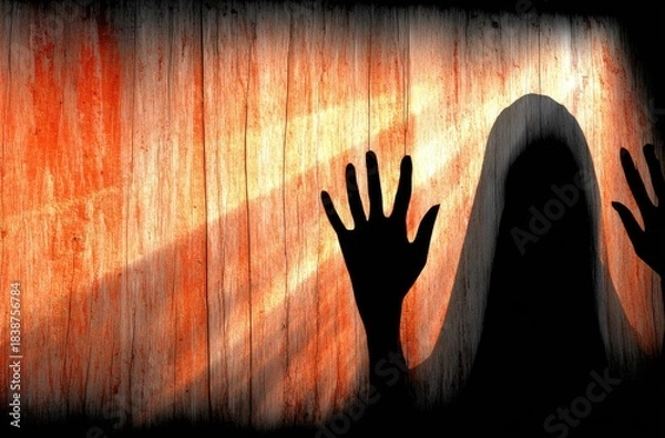Fototapeta Silhouette of a mysterious figure with outstretched hands against a textured, illuminated background, evoking a sense of fear and suspense.