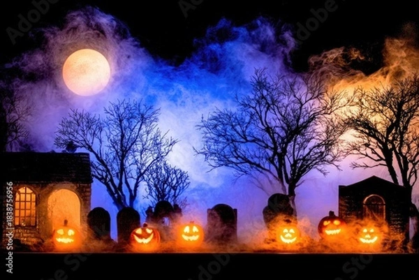 Fototapeta Spooky Halloween Night Cemetery with Jack-o-Lanterns and Fog.