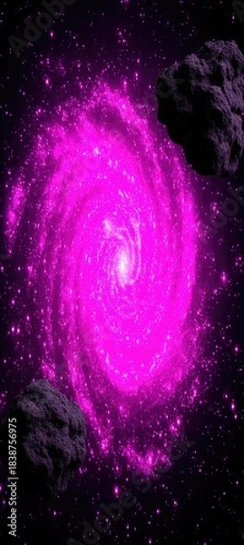 Fototapeta Vibrant Pink Spiral Galaxy in Deep Space with Asteroids.