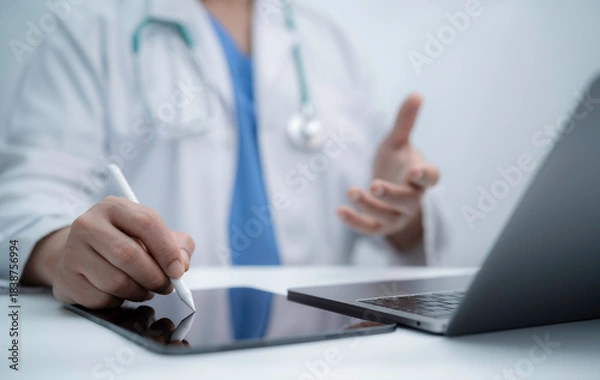 Fototapeta Healthcare professional using a digital pen on a tablet beside a laptop, highlighting modern medical documentation workflow efficient data entry and technology driven clinical information management