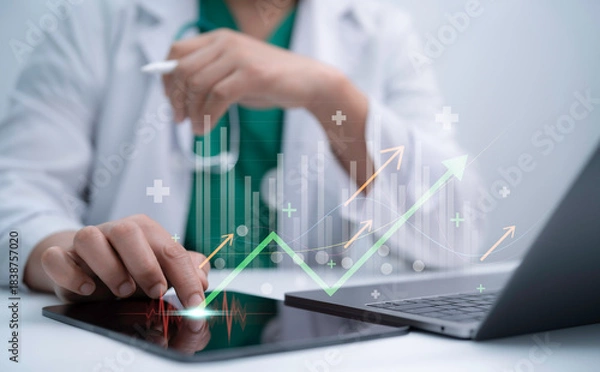 Fototapeta Healthcare professional reviewing digital medical data with upward charts and key performance indicators, emphasizing technology driven health analytics and modern clinical decision support