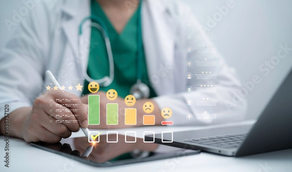 Fototapeta Healthcare professional using digital tools to record patient satisfaction ratings and service feedback, highlighting modern medical technology data evaluation and quality improvement in clinical care