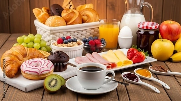 Obraz Delicious Continental Breakfast Spread with Coffee, Pastries, Fruits, and Cereal on Wooden Table