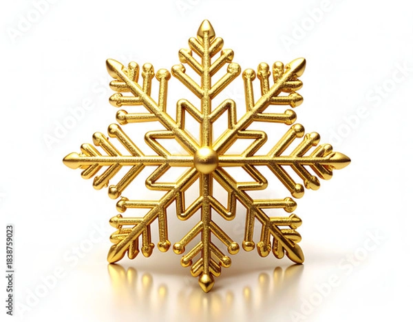 Obraz Shiny golden snowflake ornament reflecting on a white surface, perfect for winter and holiday decorations