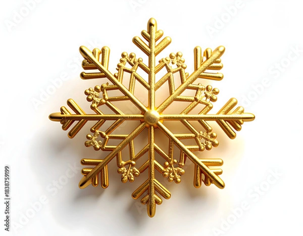 Obraz Exquisite golden snowflake ornament with intricate geometric details, casting a soft shadow on a white background