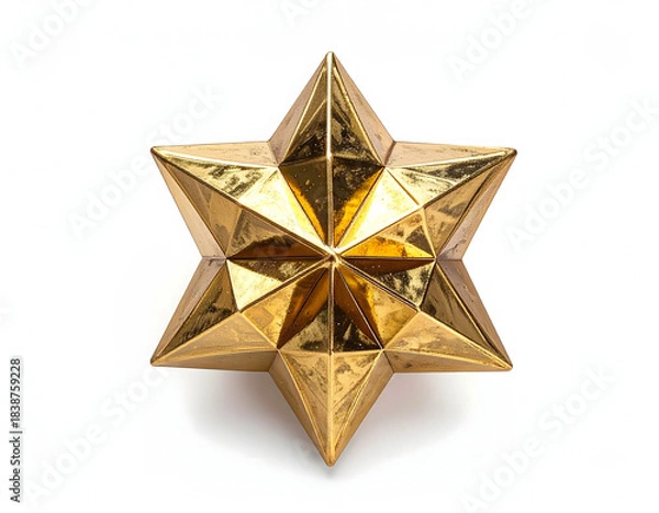 Obraz Brilliant golden six-pointed star with a multifaceted geometric design, reflecting light beautifully, isolated on a pure white background, embodying themes of success and celebration