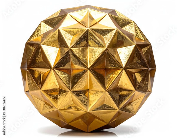Obraz Intricate golden sphere featuring a complex polygonal surface, reflecting light with its numerous triangular facets, representing a concept of multifaceted elegance and geometric precision