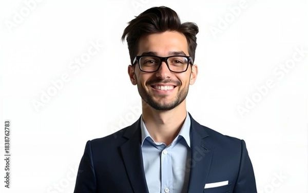 Fototapeta Portrait of a handsome young businessman in suit, smiling on face with glasses, isolated on transparent background. High quality