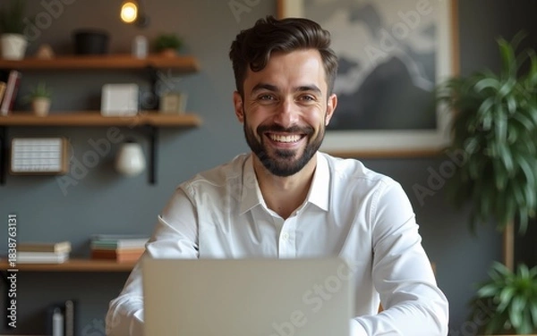 Fototapeta Portrait of young smiling happy handsome successful businessman entrepreneur freelancer working from home office on laptop computer looking at camera. High quality