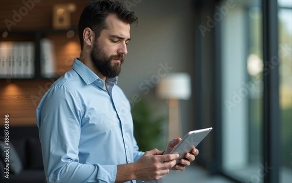 Fototapeta Mature handsome business man using a digital tablet at office. High quality
