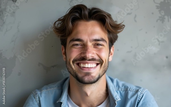 Fototapeta Handsome young man over grey grunge wall with a happy and cool smile on face. Lucky person. High quality