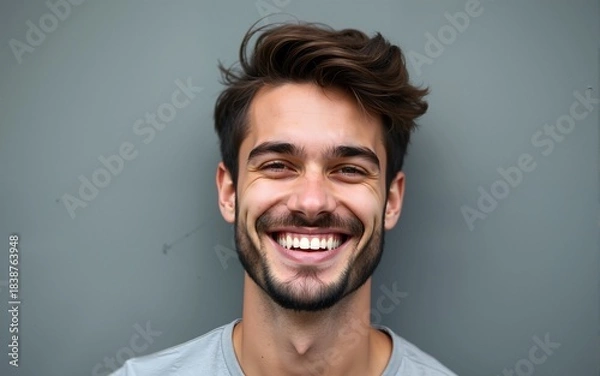 Fototapeta Handsome young man over grey grunge wall with a happy and cool smile on face. Lucky person. High quality