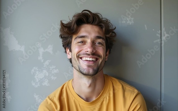 Fototapeta Handsome young man over grey grunge wall with a happy and cool smile on face. Lucky person. High quality