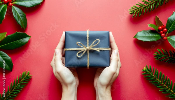 Fototapeta A pair of hands holding a gift box surrounded by Christmas decorations on a red background with a festive mood.