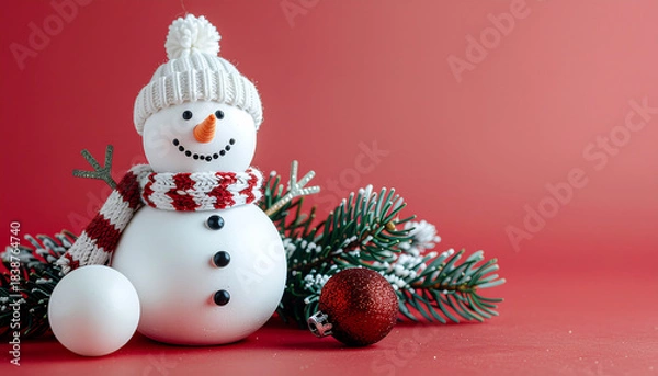 Fototapeta A cheerful snowman wearing a white knit hat and red scarf sits amidst green pine branches and a red ornament on a solid red background, conveying a merry Christmas mood with warm colors.