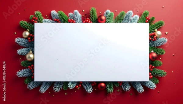 Fototapeta Merry Christmas greeting card template with festive green and red decorations on a red background with a white space for text.