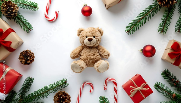 Fototapeta Merry Christmas flat lay with a teddy bear surrounded by gifts, candy canes, pine branches, and pine cones on a white background, conveying a festive mood with warm colors.