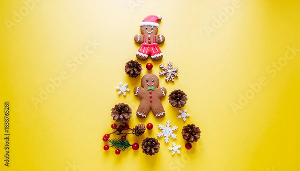 Fototapeta Merry Christmas festive arrangement with gingerbread men, pinecones, and snowflakes on a bright yellow background, forming a Christmas tree shape.