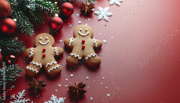 Fototapeta Overhead view of gingerbread men surrounded by Christmas decorations and snowflakes on a red background, evoking a festive Merry Christmas atmosphere.
