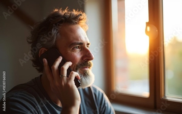 Fototapeta wide shot mature man with beard talking on phone next to sunny window. High quality